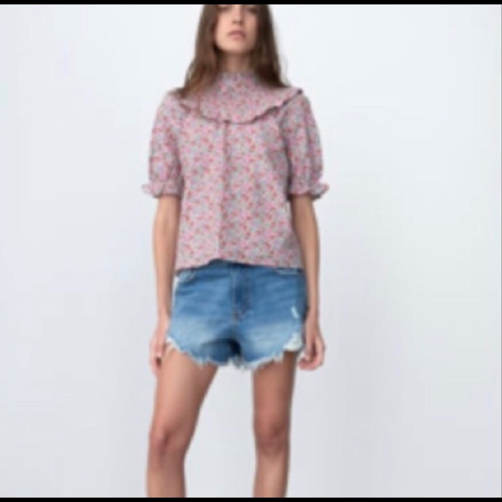 Zara Pink Floral Ruffle Yoke Blouse
